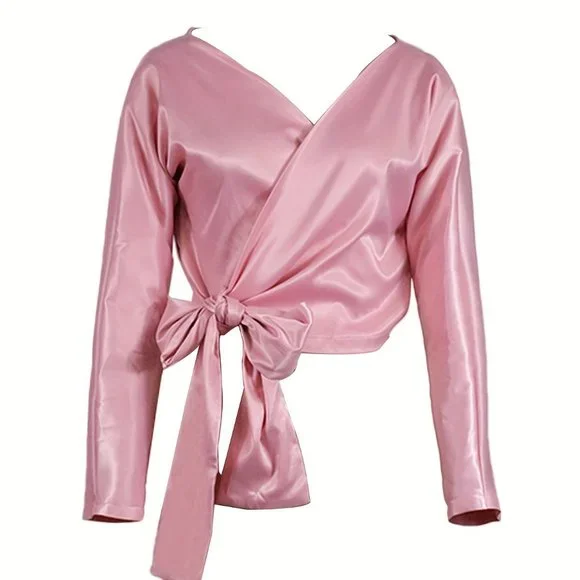 Blush Pink Satin Wrap Blouse with Bow & Brooch – Elegant Off-Shoulder Top - Picture 3 of 11